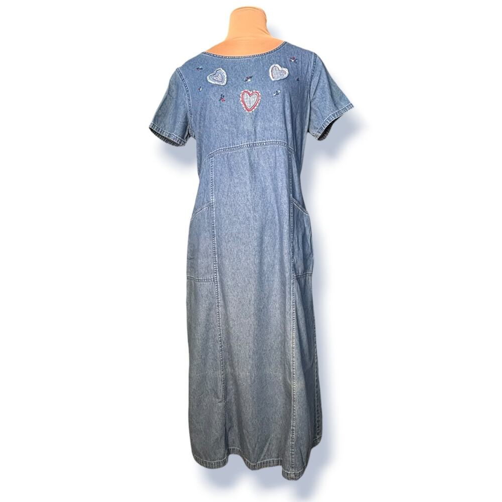 Vintage Red Embroidered Heart Denim Maxi Dress XL Cottagecore Americana Folk Art
